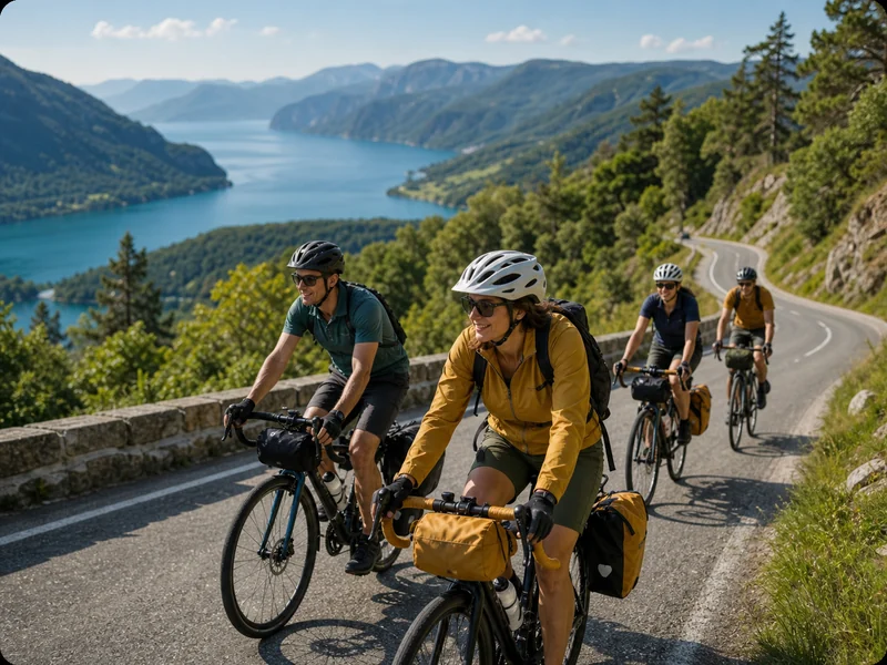 A small group cycling on a scenic mountain road