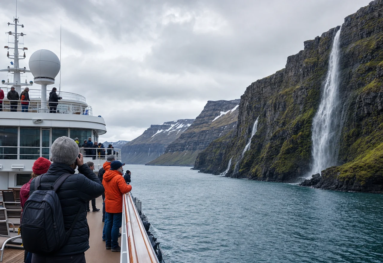 Travelers viewing an Icelandic fjord from an expedition cruise ship