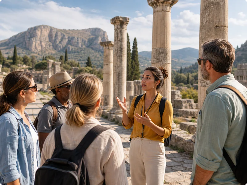 A guide explaining a historic site to a small group
