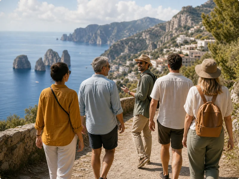 A guide leading a small group on a coastal walking tour