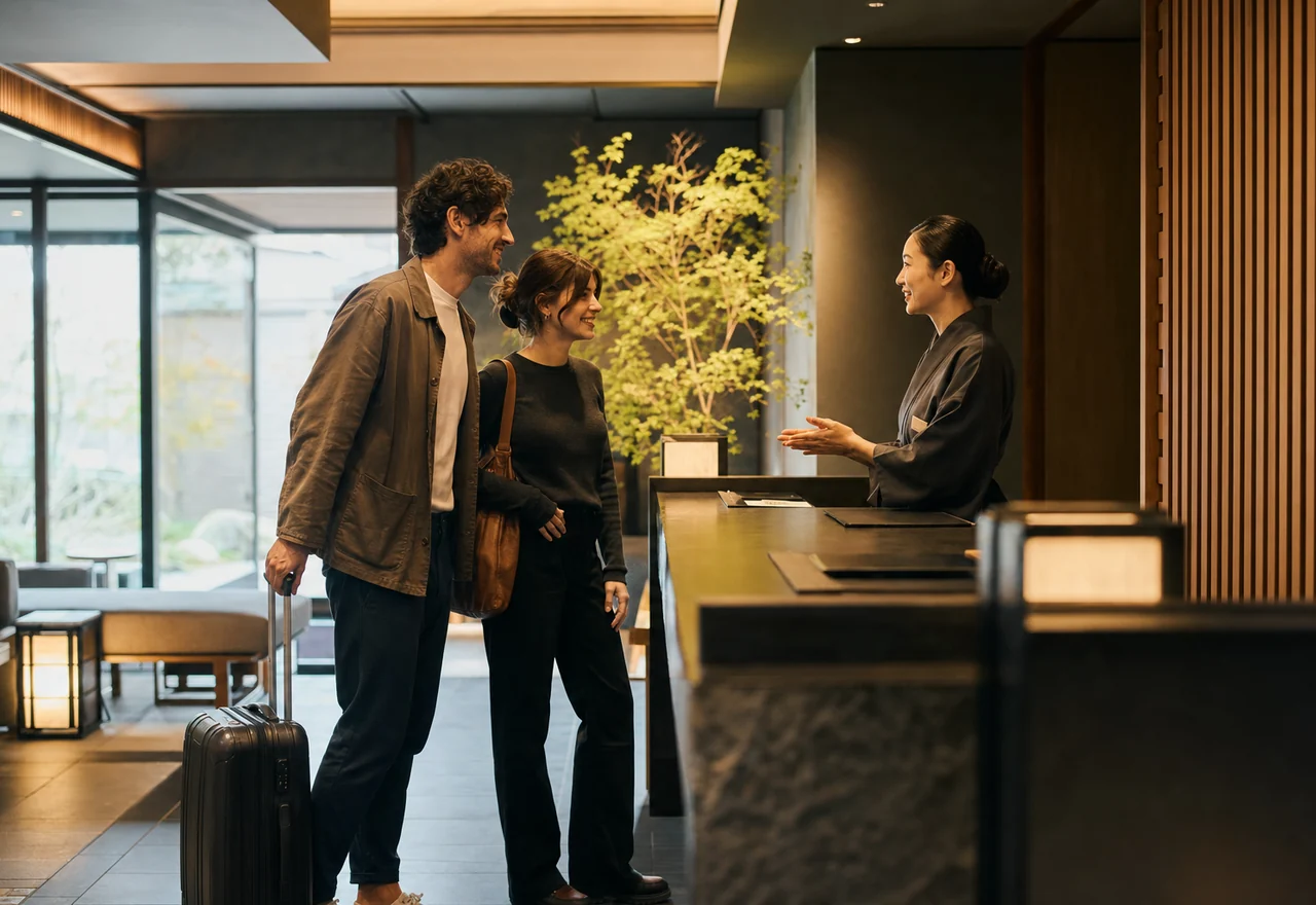 Travelers being welcomed at a contemporary boutique hotel in Tokyo