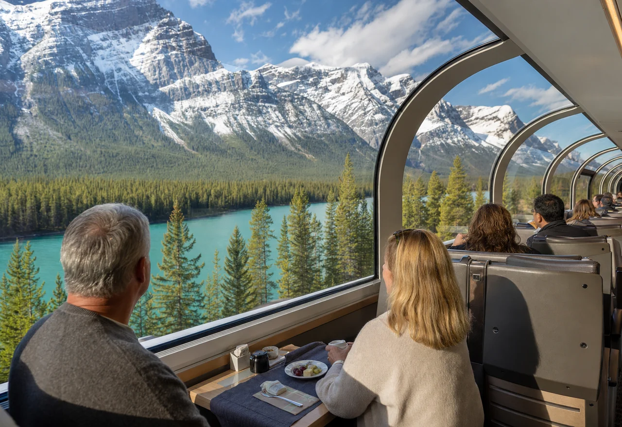 Travelers viewing the Canadian Rockies from a panoramic train carriage
