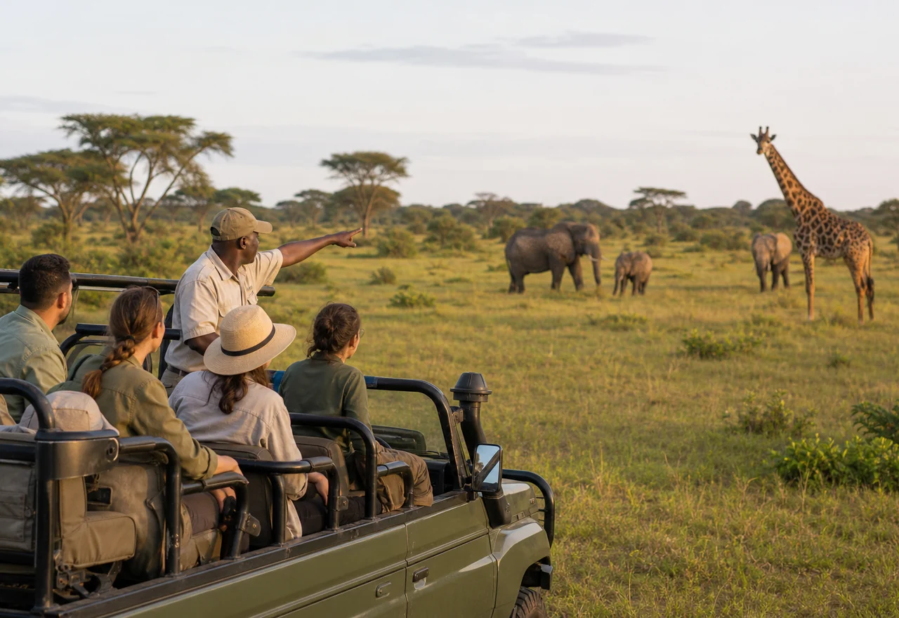A guide and travelers observing wildlife on safari in Kenya